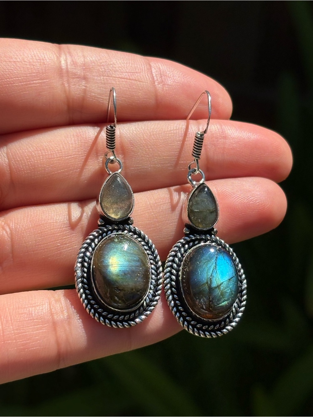 Oval Labradorite Gemstone Dangle Earrings Silver Plated Copper
